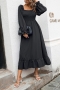 autumn new stylish 5-colors solid color pleated chiffon flared sleeve slight stretch casual midi dress_Black