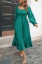 autumn new stylish 5-colors solid color pleated chiffon flared sleeve slight stretch casual midi dress_Black_Rose Red_Blue_Orange_Green