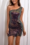 xs-l summer new stylish sequin one shoulder slim zip-up slight stretch high quality sexy mini dress_Pink_Multicolor