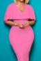 s-3xl plus size summer new 4 colors stretch short sleeve v-neck slit zip-up bodycon stylish classic midi dress_White_Red_Pink