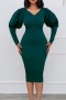 s-3xl autumn new plus size 3 colors pearl decor stretch long sleeve turndown collar slit bodycon stylish classic midi dress_Black_Dark Green