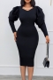 s-3xl autumn new plus size 3 colors pearl decor stretch long sleeve turndown collar slit bodycon stylish classic midi dress_Black