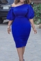 s-3xl summer new plus size 4 colors puff sleeve stretch sloping shoulder zip-up bodycon stylish classic midi dress_White_Red_Blue