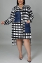 l-5xl plus size autumn new stylish four colors lapel lattice printing long sleeve with pocket inelastic casual midi dress_White