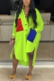 autumn new stylish three colors contrast color lapel long sleeve button with pocket inelastic slit plus size casual midi dress_White_Light Green