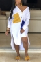 autumn new stylish three colors contrast color lapel long sleeve button with pocket inelastic slit plus size casual midi dress_White