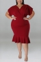 xl-5xl plus size summer new 7 colors high stretch v-neck short sleeves ruffle stylish midi dress_Black_Dark Green_Red_Rose Red