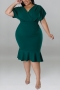 xl-5xl plus size summer new 7 colors high stretch v-neck short sleeves ruffle stylish midi dress_Black_Dark Green