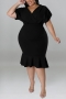 xl-5xl plus size summer new 7 colors high stretch v-neck short sleeves ruffle stylish midi dress_Black