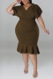 xl-5xl plus size summer new 7 colors high stretch v-neck short sleeves ruffle stylish midi dress_Black_Dark Green_Red_Rose Red_Blue_Brown