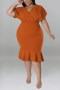xl-5xl plus size summer new 7 colors high stretch v-neck short sleeves ruffle stylish midi dress_Black_Dark Green_Red_Rose Red_Blue_Brown_Orange