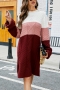 autumn & winter new stretch knitted contrast color spliced long sleeves crew neck loose casual midi dress_Rose Red