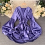 spring & summer new 6 colors inelastic satin lantern long sleeves ruffle high quality casual mini dress(with belt)_Black_White_Purple