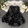 spring & summer new 6 colors inelastic satin lantern long sleeves ruffle high quality casual mini dress(with belt)_Black