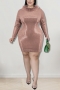 xl-5xl plus size autumn new 6 colors stretch sequin plush long sleeves slim stylish mini dress_Black_Red_Blue_Brown