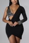 s-2xl plus size summer new stretch rhinestone one-shoulder hollow irregular back zip-up slim sexy mini dress_Black