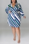 xl-5xl plus size spring new 5 colors inelastic stripe printing single-breasted with belt casual mini dress_Black_Red_Blue