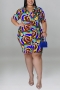 xl-5xl plus size summer new 5 colors stretch batch printing single-breasted slim stylish mini dress_Purple_Blue_Brown
