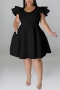 xl-5xl plus size summer new 6 colors micro elastic ruffle short sleeves casual midi dress_Black