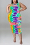 xl-5xl plus size summer new 4 colors stretch tie-dye printing cutout double-layer slim sexy midi dress_Purple