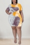 xl-5xl plus size summer new 6 colors stretch contrast color graffiti printing crew neck slim stylish mini dress_Purple_Beige_Blue_Orange_Yellow