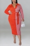 xl-5xl plus size autumn new 6 colors stretch geometric printing contrast color with belt casual midi dress_Purple_Rose Red_Blue_Orange
