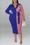 xl-5xl plus size autumn new 6 colors stretch geometric printing contrast color with belt casual midi dress_Purple_Rose Red_Blue