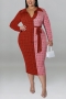 xl-5xl plus size autumn new 6 colors stretch geometric printing contrast color with belt casual midi dress_Purple_Rose Red