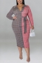 xl-5xl plus size autumn new 6 colors stretch geometric printing contrast color with belt casual midi dress_Purple_Rose Red_Blue_Orange_Gray