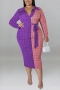 xl-5xl plus size autumn new 6 colors stretch geometric printing contrast color with belt casual midi dress_Purple