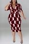 xl-5xl plus size summer new 5 colors stretch geometric printing with belt slim stylish midi dress_Black_Rose Red