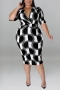 xl-5xl plus size summer new 5 colors stretch geometric printing with belt slim stylish midi dress_Black