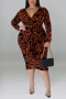 xl-5xl plus size autumn new 6 colors stretch leopard printing v-neck lace-up slim stylish midi dress_Black_Purple_Red_Blue_Brown