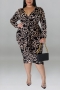 xl-5xl plus size autumn new 6 colors stretch leopard printing v-neck lace-up slim stylish midi dress_Black
