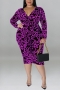 xl-5xl plus size autumn new 6 colors stretch leopard printing v-neck lace-up slim stylish midi dress_Black_Purple