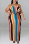 xl-5xl plus size summer new 4 colors stretch stripe printing sling irregular casual maxi dress_Purple_Pink_Orange
