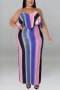 xl-5xl plus size summer new 4 colors stretch stripe printing sling irregular casual maxi dress_Purple_Pink