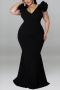 xl-5xl plus size summer new 5 colors stretch ruffle v-neck backless zip-up elegant maxi dress_Black