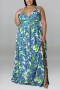 xl-5xl plus size summer new 5 colors inelastic floral batch printing crossed sling backless split sexy maxi dress_Purple_Blue