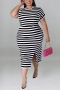 xl-5xl plus size summer new 6 colors stretch stripe printing hollow pocket split casual midi dress_Black