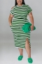 xl-5xl plus size summer new 6 colors stretch stripe printing hollow pocket split casual midi dress_Black_Blue_Brown_Magenta_Yellow_Green