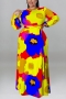 xl-5xl autumn new 5 colors slight stretch flower batch printing button hollow casual maxi dress(with belt)_Blue_Orange_Yellow
