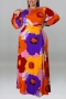 xl-5xl autumn new 5 colors slight stretch flower batch printing button hollow casual maxi dress(with belt)_Blue_Orange