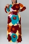 xl-5xl autumn new 5 colors slight stretch flower batch printing button hollow casual maxi dress(with belt)_Blue_Orange_Yellow_Multicolor