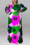 xl-5xl autumn new 5 colors slight stretch flower batch printing button hollow casual maxi dress(with belt)_Blue_Orange_Yellow_Multicolor_Green