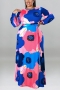 xl-5xl autumn new 5 colors slight stretch flower batch printing button hollow casual maxi dress(with belt)_Blue