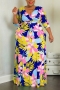 xl-5xl plus size autumn new 6 colors stretch floral batch printing three quarter sleeves pocket casual maxi dress(with belt)_Black_Red_Rose Red_Blue