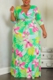 xl-5xl plus size autumn new 6 colors stretch floral batch printing three quarter sleeves pocket casual maxi dress(with belt)_Black_Red_Rose Red_Blue_Yellow_Green