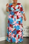 xl-5xl plus size autumn new 6 colors stretch floral batch printing three quarter sleeves pocket casual maxi dress(with belt)_Black_Red_Rose Red