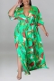 xl-5xl plus size summer new 5 colors stretch leaf printing v-neck split loose stylish maxi dress_Purple_Blue_Pink_Yellow_Green